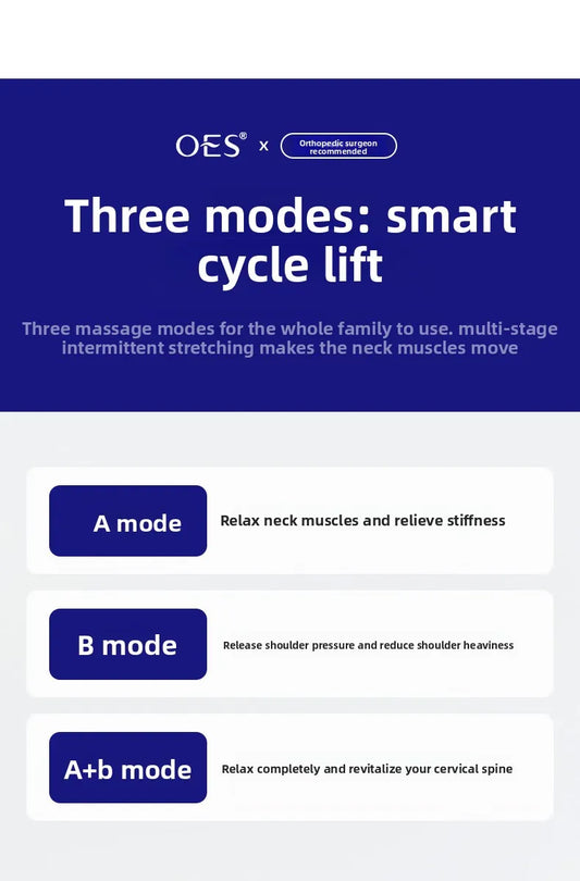 Luliqua NeckRelief OES orthopedic surgeon recommended three modes smart cycle lift - three massage modes for whole family including A mode to relax neck muscles and relieve stiffness, B mode to release shoulder pressure and reduce shoulder heaviness, and A+B mode to relax completely and revitalize cervical spine, multi-stage intermittent stretching makes neck muscles move, professional cervical traction therapy device
