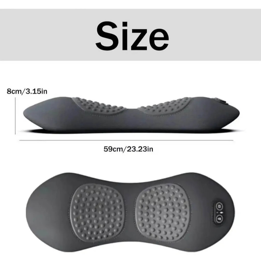 Luliqua LumbarComfort size dimensions - side view showing dark gray figure-8 shaped lumbar pillow measuring 8cm/3.15in height by 59cm/23.23in length with two circular massage zones with raised gray nodes, top view showing complete pillow with two circular textured massage areas and small black control panel with two buttons on right side