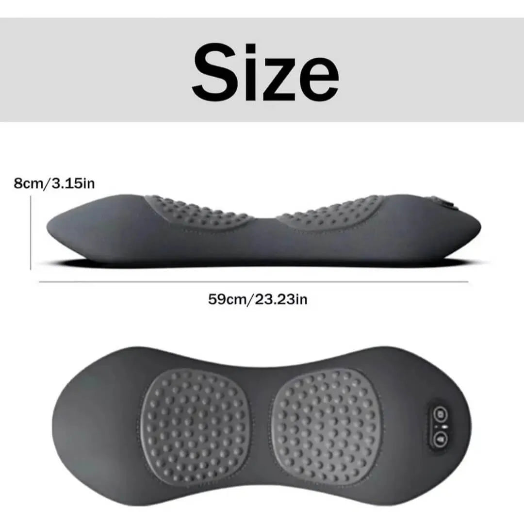 Luliqua LumbarComfort size dimensions - side view showing dark gray figure-8 shaped lumbar pillow measuring 8cm/3.15in height by 59cm/23.23in length with two circular massage zones with raised gray nodes, top view showing complete pillow with two circular textured massage areas and small black control panel with two buttons on right side