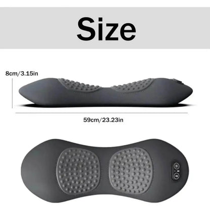Luliqua LumbarComfort size dimensions - side view showing dark gray figure-8 shaped lumbar pillow measuring 8cm/3.15in height by 59cm/23.23in length with two circular massage zones with raised gray nodes, top view showing complete pillow with two circular textured massage areas and small black control panel with two buttons on right side