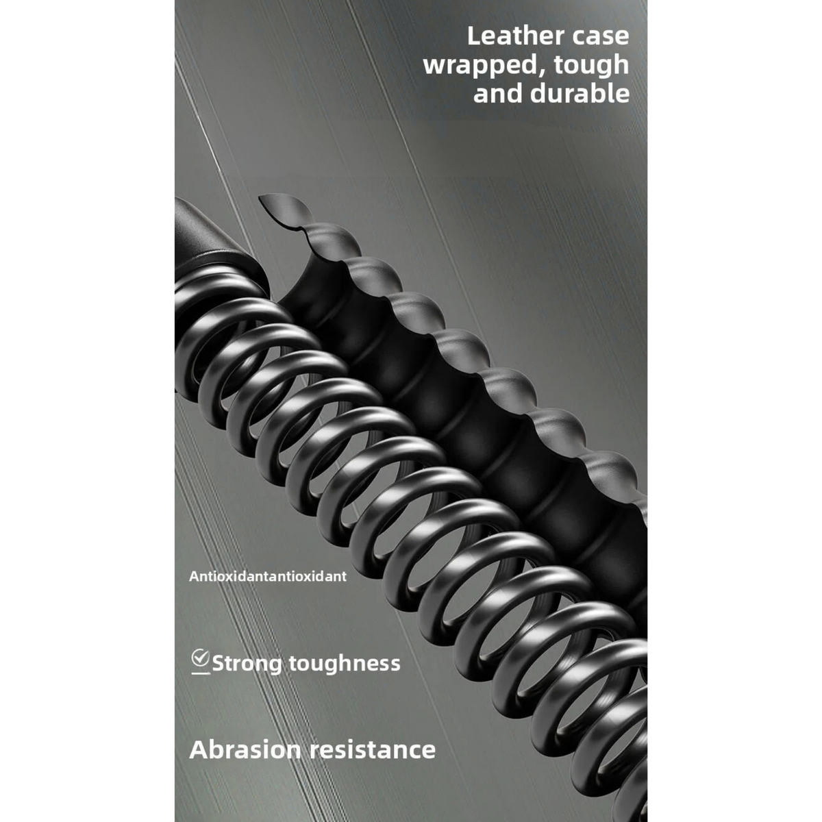 Luliqua PowerRope black spring coil closeup - leather case wrapped tough and durable, antioxidant coating, strong toughness, abrasion resistance for long-lasting performance