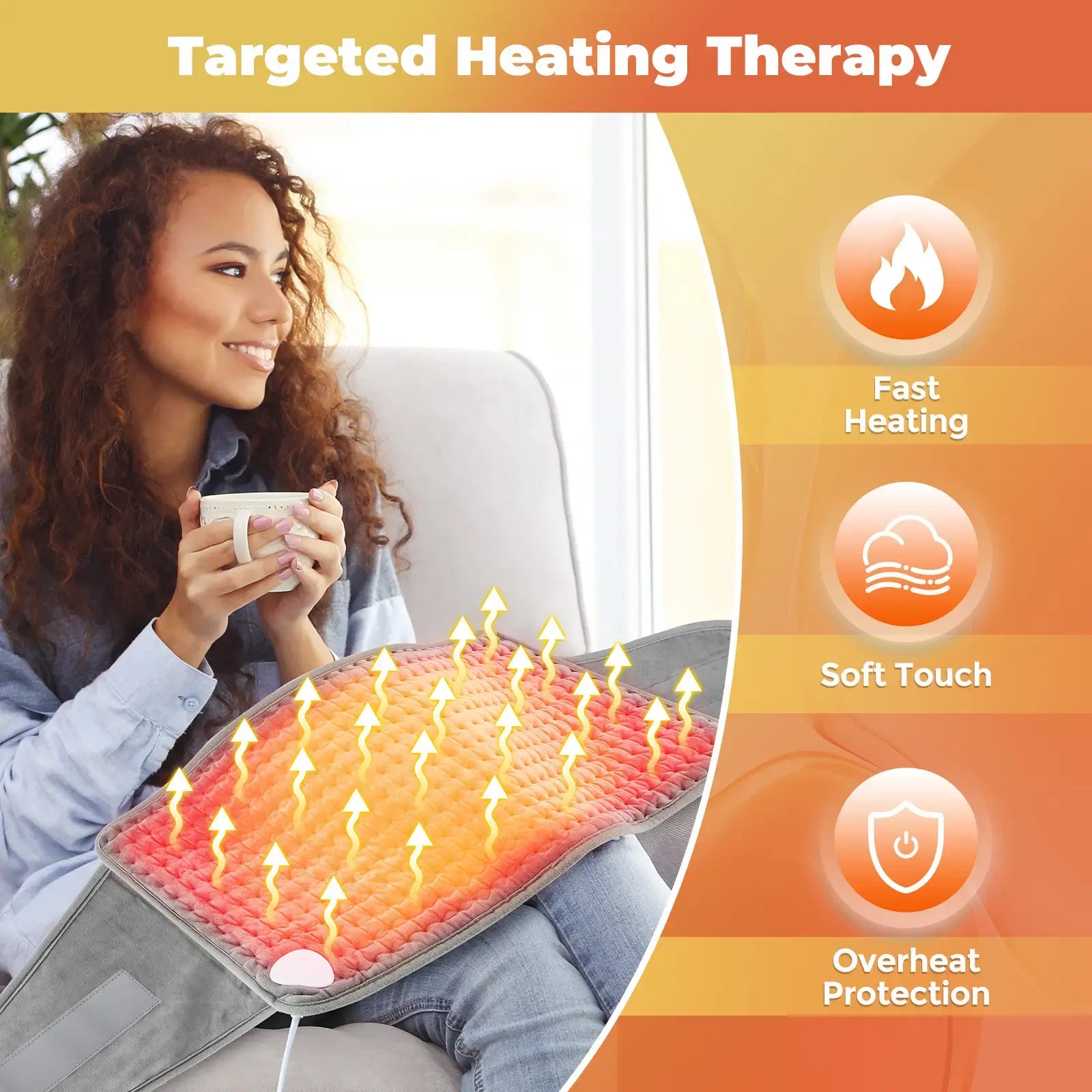 Luliqua ThermoWaist targeted heating therapy features - fast heating graphene technology, soft touch fabric, and overheat protection for safe lower back pain relief