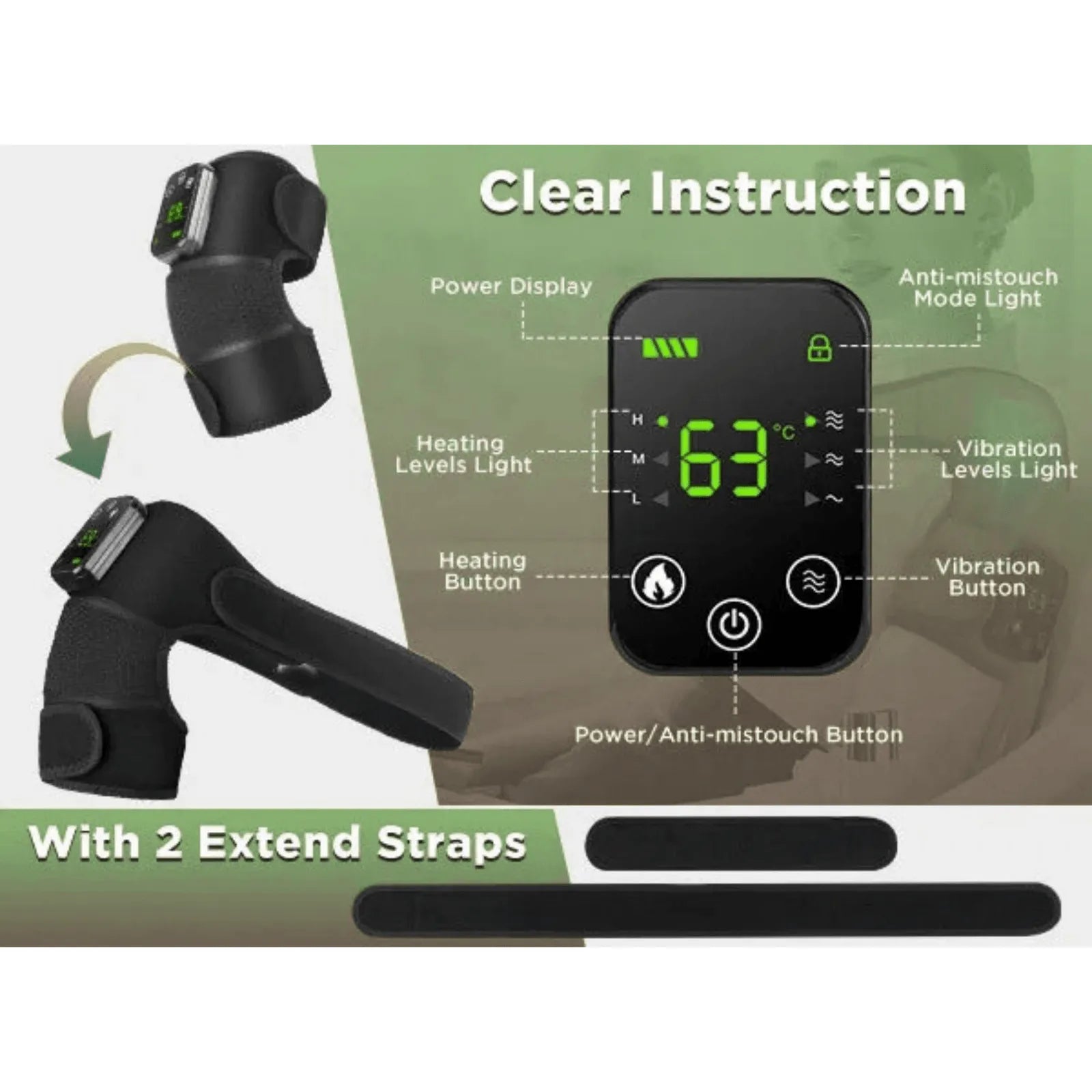 Luliqua ShoulderRelief clear instruction - LED control panel showing 63°C with power display, anti-mistouch mode light, heating levels light (H/M/L), vibration levels light, heating button, vibration button, and power/anti-mistouch button, includes 2 black extension straps for adjustable fit