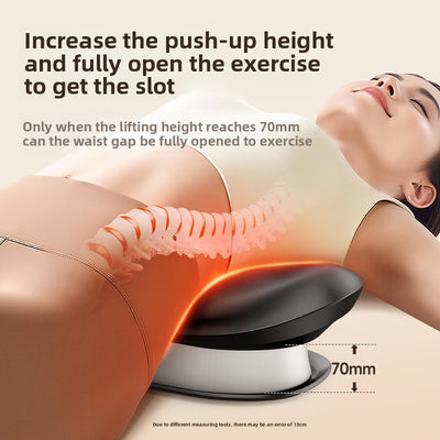 Luliqua TractionRelief increase push-up height for lumbar traction - woman lying on black massage pillow with 70mm lifting height, orange infrared heat visualization showing spinal decompression, adjustable airbag traction opens waist gap when lifting height reaches 70mm for full exercise and lumbar relief