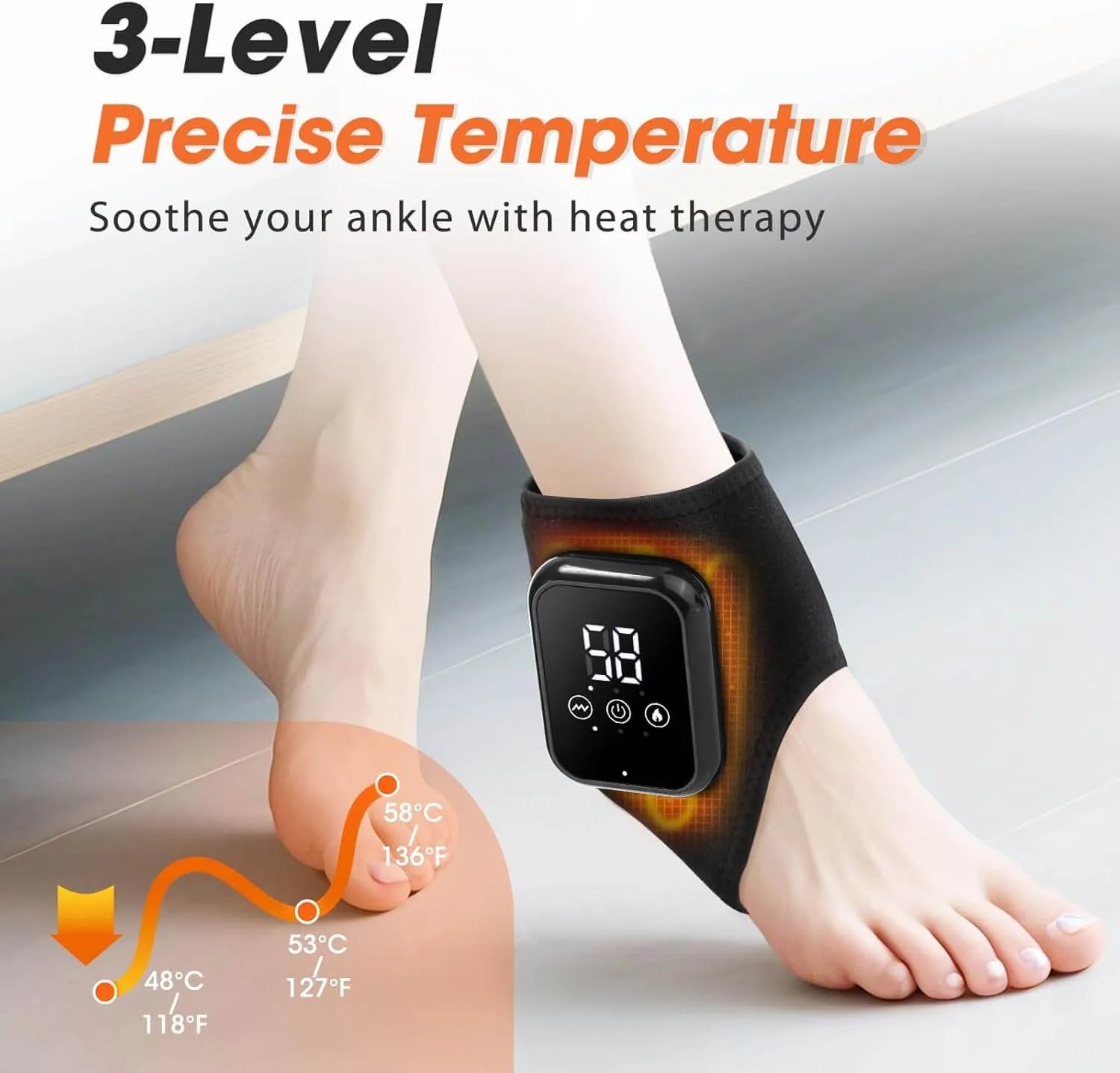 Ankle warmer with digital display on a foot, showing temperature control features | Best Ankle Massager with Heat Therapy for Pain Relief | Rechargeable & Portable