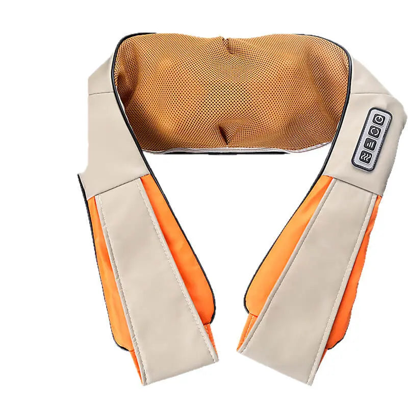 Neck and shoulder massager with orange and beige design on a white background