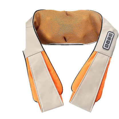 Neck and shoulder massager with orange and beige design on a white background