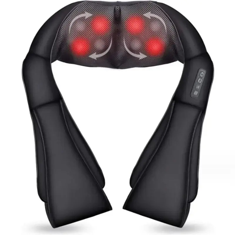 Black neck and shoulder massager with red lights on a white background
