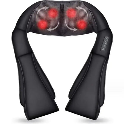 Black neck and shoulder massager with red lights on a white background