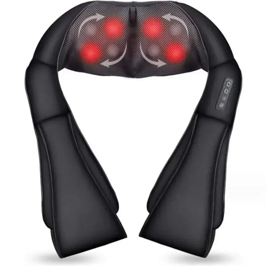 Black neck and shoulder massager with red lights on a white background