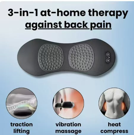 Luliqua LumbarComfort 3-in-1 at-home therapy against back pain - dark gray figure-8 shaped lumbar pillow with two circular massage zones covered in gray textured massage nodes, small control panel on right side, three circular feature icons below showing traction lifting with person lying on pillow, vibration massage with orange heat glow on lower back, and heat compress with red infrared heat on spine