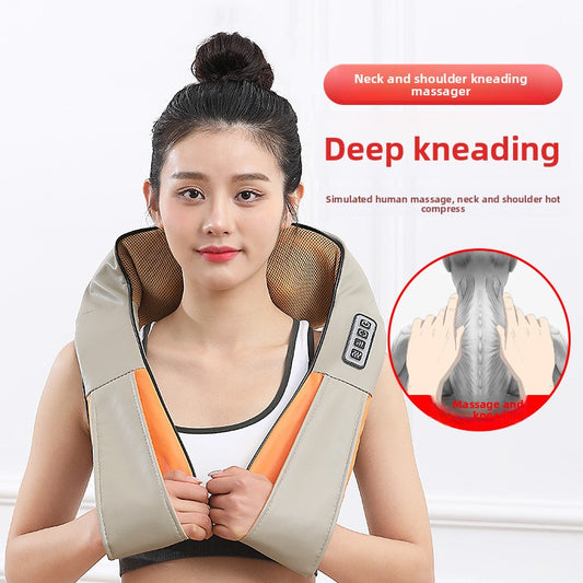 Luliqua ShawlRelief neck and shoulder kneading massager - woman wearing beige U-shaped shiatsu massager with brown mesh massage nodes on shoulders, orange infrared heat strips glowing, LCD control panel on right shoulder, deep kneading massage demonstration showing simulated human hands massage with neck and shoulder hot compress in red circle inset
