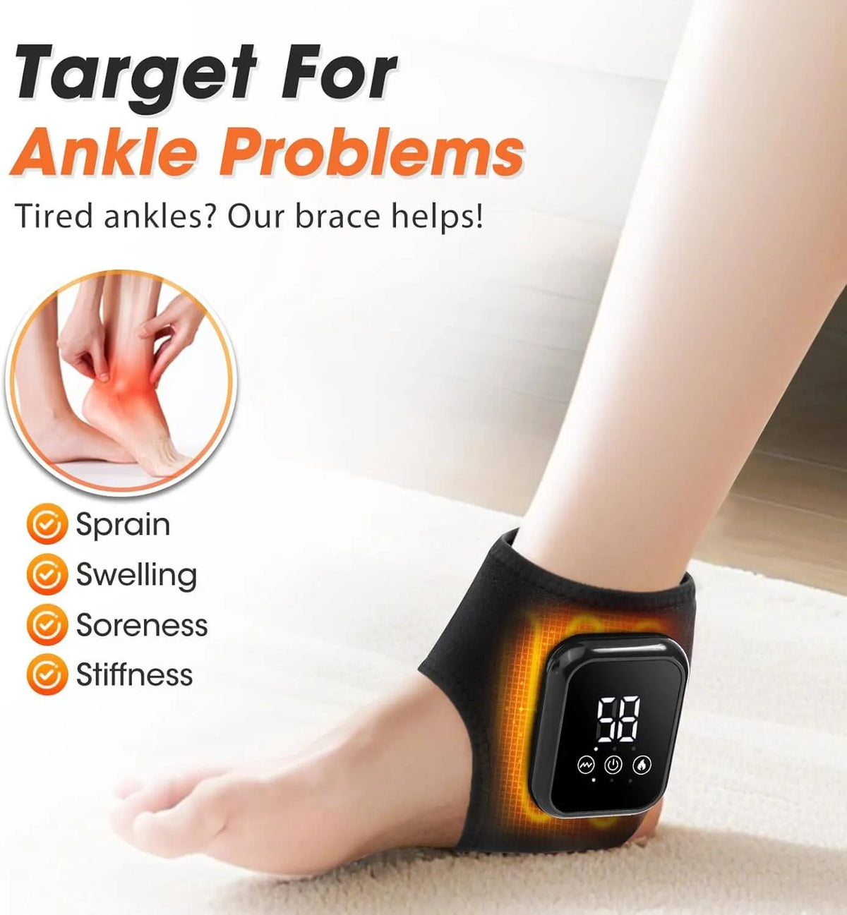 Ankle brace with digital display on a foot, targeting ankle problems like sprain, swelling, soreness, and stiffness | Best Ankle Massager with Heat Therapy for Pain Relief | Rechargeable & Portable 