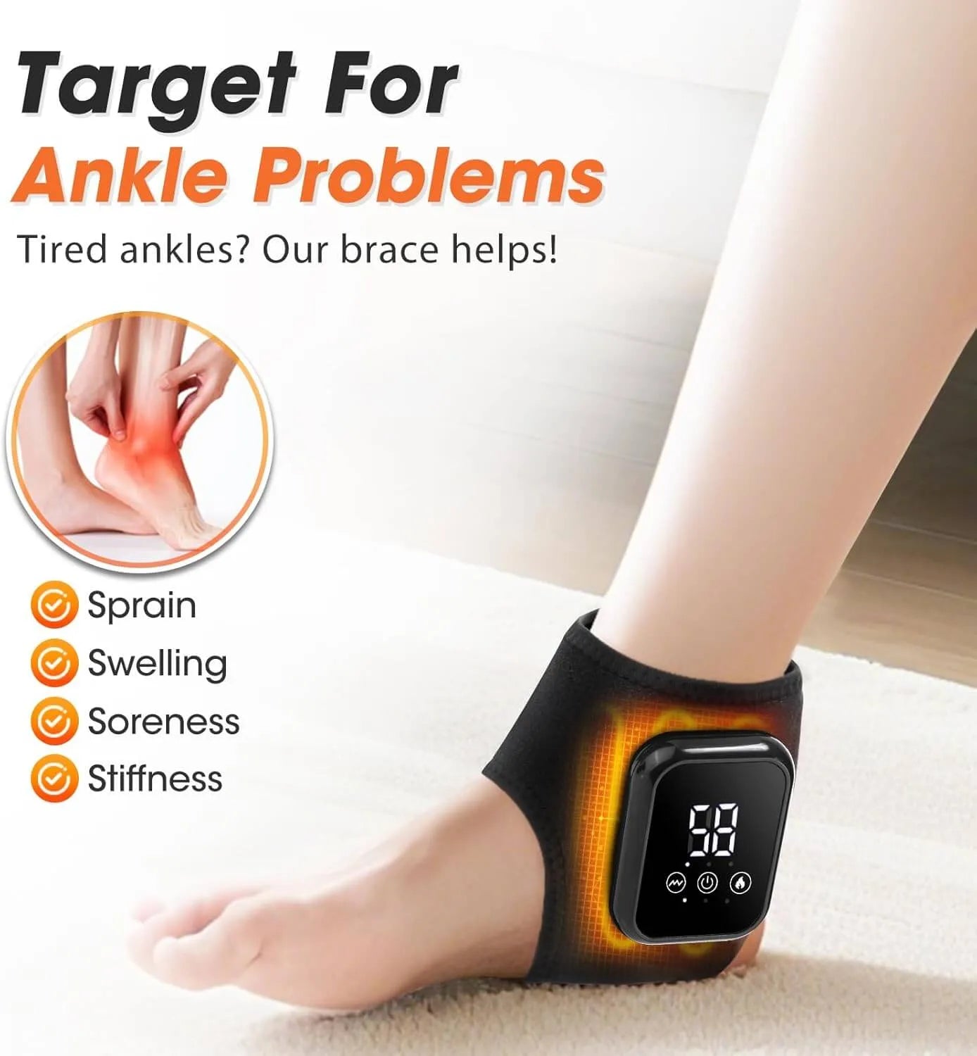 Ankle brace with digital display on a foot, targeting ankle problems like sprain, swelling, soreness, and stiffness | Best Ankle Massager with Heat Therapy for Pain Relief | Rechargeable & Portable 