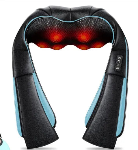 Black and blue neck and shoulder massager with glowing red lights on a white background