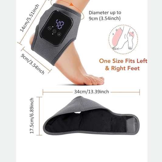 Luliqua AnkleRelief massager dimensions and sizing - adjustable wrap fits ankles up to 9cm diameter, one size fits both left and right feet, measures 34cm x 17.5cm with 14cm x 9cm display unit
