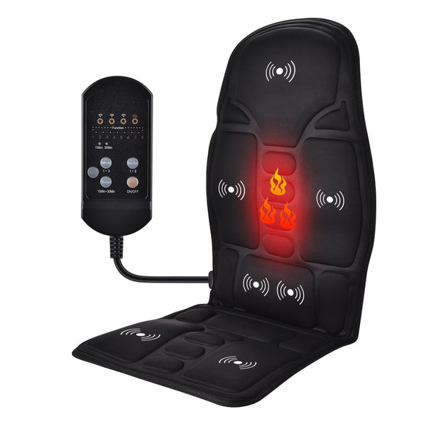 Luliqua SeatComfort massage heating seat cushion with wired remote control - black padded seat cushion with 7 vibration motor zones marked with white wave icons, red and orange flame visualization showing 3 heating zones on lumbar and buttocks area, black remote with LCD display showing timer settings (15min-30min), function buttons (1-3, 1-6), and ON/OFF control for car, office and home use