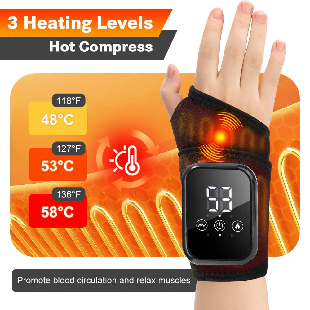 Heating pad with digital display on a wrist, showing temperature levels  | Best Wrist Massager for Pain Relief & Carpal Tunnel | Rechargeable & Portable
