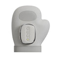 Luliqua HandRelief Pro cordless hand massager in gray - hand-shaped design with textured gray fabric exterior, oval mesh ventilation panel on palm area, chrome-trimmed control panel with 4 buttons showing power (W), mode (M), intensity (III), and heat (yellow indicator light), ergonomic mitten shape for complete hand coverage, rechargeable 2000mAh battery with USB-C charging
