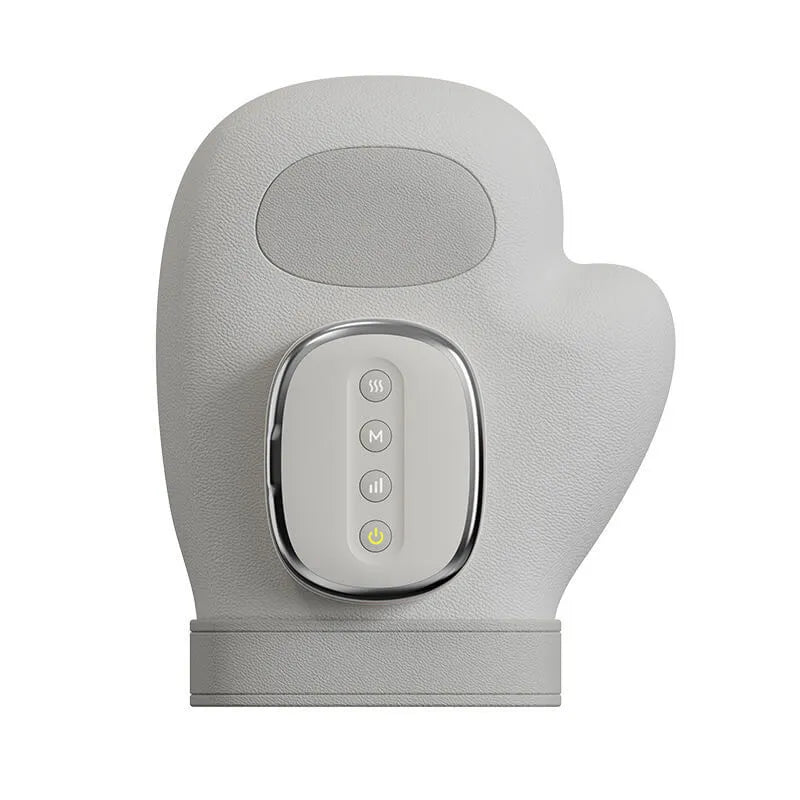 Luliqua HandRelief Pro cordless hand massager in gray - hand-shaped design with textured gray fabric exterior, oval mesh ventilation panel on palm area, chrome-trimmed control panel with 4 buttons showing power (W), mode (M), intensity (III), and heat (yellow indicator light), ergonomic mitten shape for complete hand coverage, rechargeable 2000mAh battery with USB-C charging
