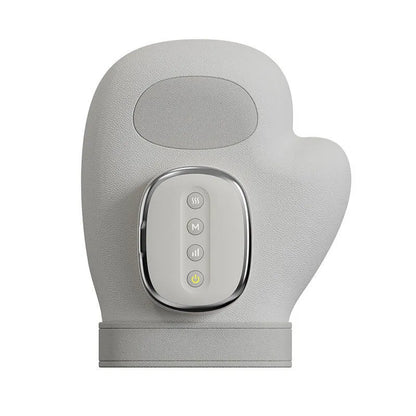 Luliqua HandRelief Pro cordless hand massager in gray - hand-shaped design with textured gray fabric exterior, oval mesh ventilation panel on palm area, chrome-trimmed control panel with 4 buttons showing power (W), mode (M), intensity (III), and heat (yellow indicator light), ergonomic mitten shape for complete hand coverage, rechargeable 2000mAh battery with USB-C charging