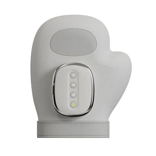 Luliqua HandRelief Pro cordless hand massager in gray - hand-shaped design with textured gray fabric exterior, oval mesh ventilation panel on palm area, chrome-trimmed control panel with 4 buttons showing power (W), mode (M), intensity (III), and heat (yellow indicator light), ergonomic mitten shape for complete hand coverage, rechargeable 2000mAh battery with USB-C charging
