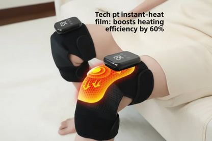 Luliqua KneeRelief tech pi instant-heat film boosts heating efficiency by 60% - infrared heat visualization showing rapid heat distribution in orange and red, LED display on black knee massager for fast warming therapy