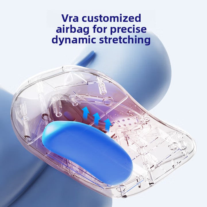 Luliqua NeckRelief dynamic three-step bone traction to protect neck health - 3D medical illustration showing neck resting on black and blue curved cervical traction device with pink and blue glowing heat therapy highlighting cervical spine vertebrae, comparison showing dynamic stretching before with small joint dislocation and disorder in red versus dynamic stretching after with small joints aligned and neat in blue, demonstrating cervical spine decompression and posture correction
