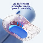Luliqua NeckRelief dynamic three-step bone traction to protect neck health - 3D medical illustration showing neck resting on black and blue curved cervical traction device with pink and blue glowing heat therapy highlighting cervical spine vertebrae, comparison showing dynamic stretching before with small joint dislocation and disorder in red versus dynamic stretching after with small joints aligned and neat in blue, demonstrating cervical spine decompression and posture correction