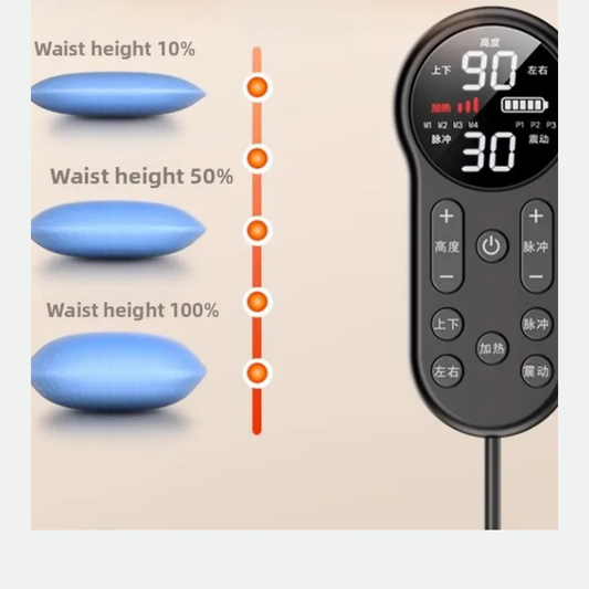 Luliqua TractionRelief adjustable waist height settings with remote control - 3 blue airbag inflation levels showing 10%, 50%, and 100% waist height expansion, black wired remote with LCD display showing 90 intensity and 30 settings, multiple control buttons for height adjustment, pulse modes, heat therapy and vibration massage