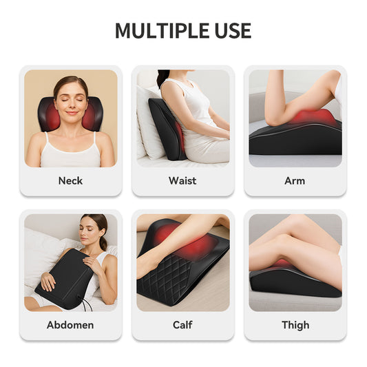 Luliqua ShoulderRelief multiple use versatile massager - for neck, waist, arm, abdomen, calf, and thigh with infrared heat therapy shown in 6 different applications
