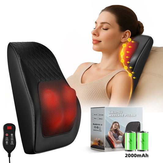 Luliqua ShoulderRelief black quilted rechargeable shiatsu massage pillow - 2000mAh battery capacity, wireless portable use with remote control, infrared heat visualization showing full spine coverage
