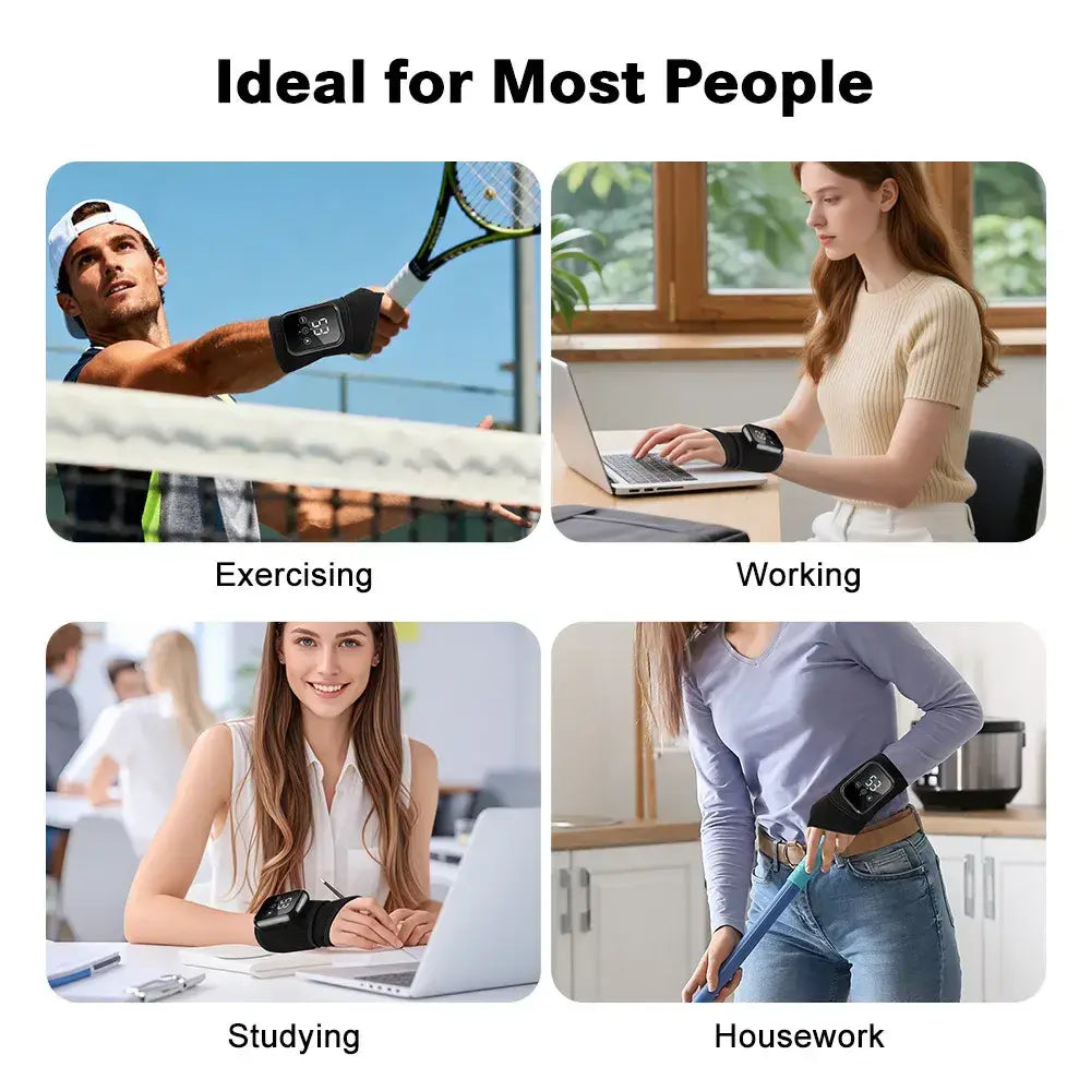 Collage of people Best Wrist Massager for Pain Relief & Carpal Tunnel  for exercising, working, studying, and housework | Rechargeable & Portable