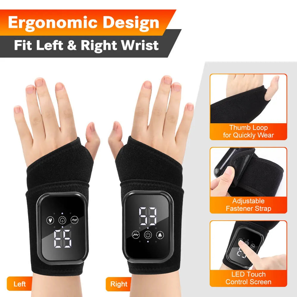 Black wrist wraps with digital displays on left and right wrists, showing ergonomic design features  | Best Wrist Massager for Pain Relief & Carpal Tunnel | Rechargeable & Portable