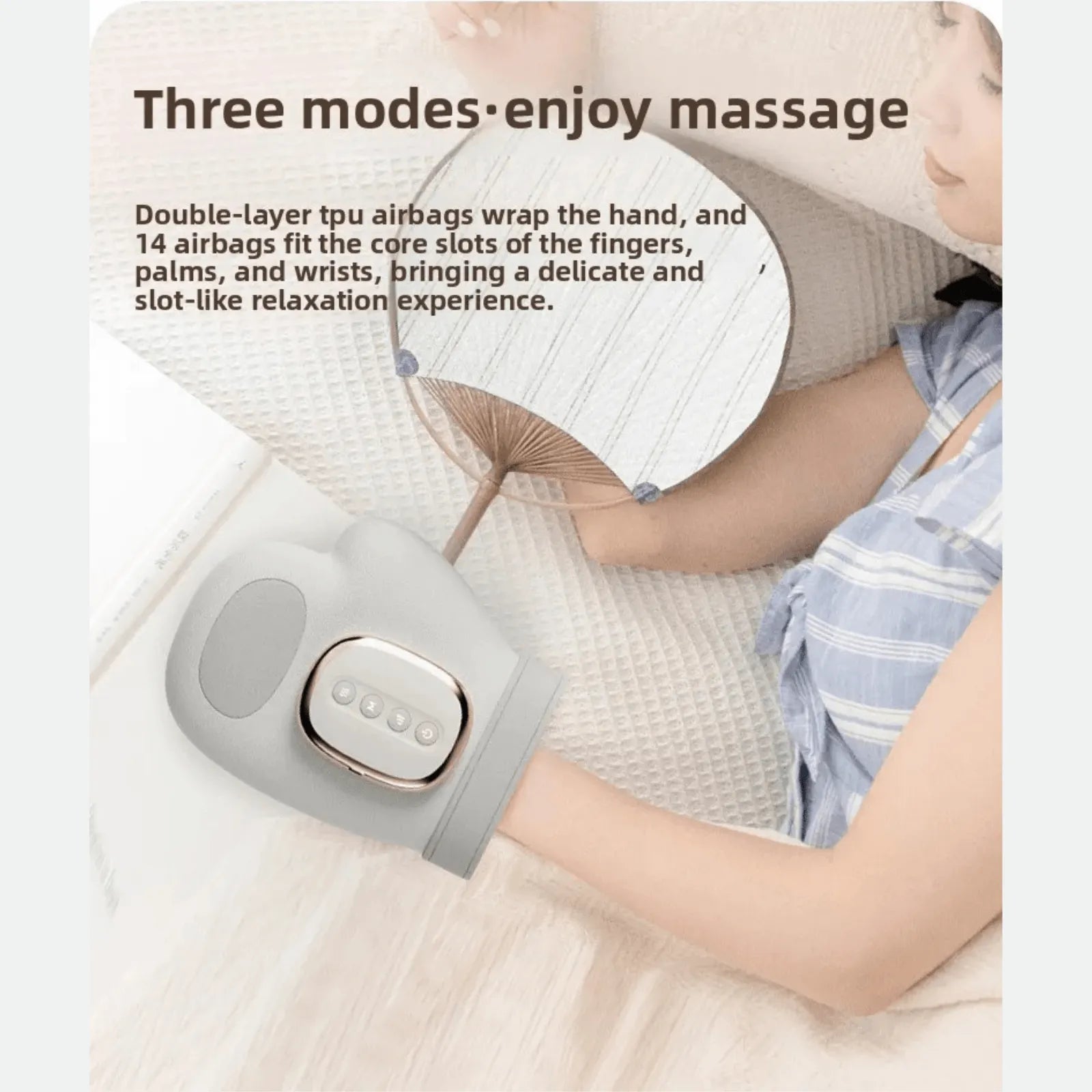Luliqua HandRelief Pro three modes enjoy massage - woman in blue and white striped pajamas relaxing on white bed with gray hand massager, holding paper fan, gray massager with chrome control panel showing 4 buttons, double-layer TPU airbags wrap the hand with 14 airbags fitting core slots of fingers, palms and wrists for delicate and slot-like relaxation experience