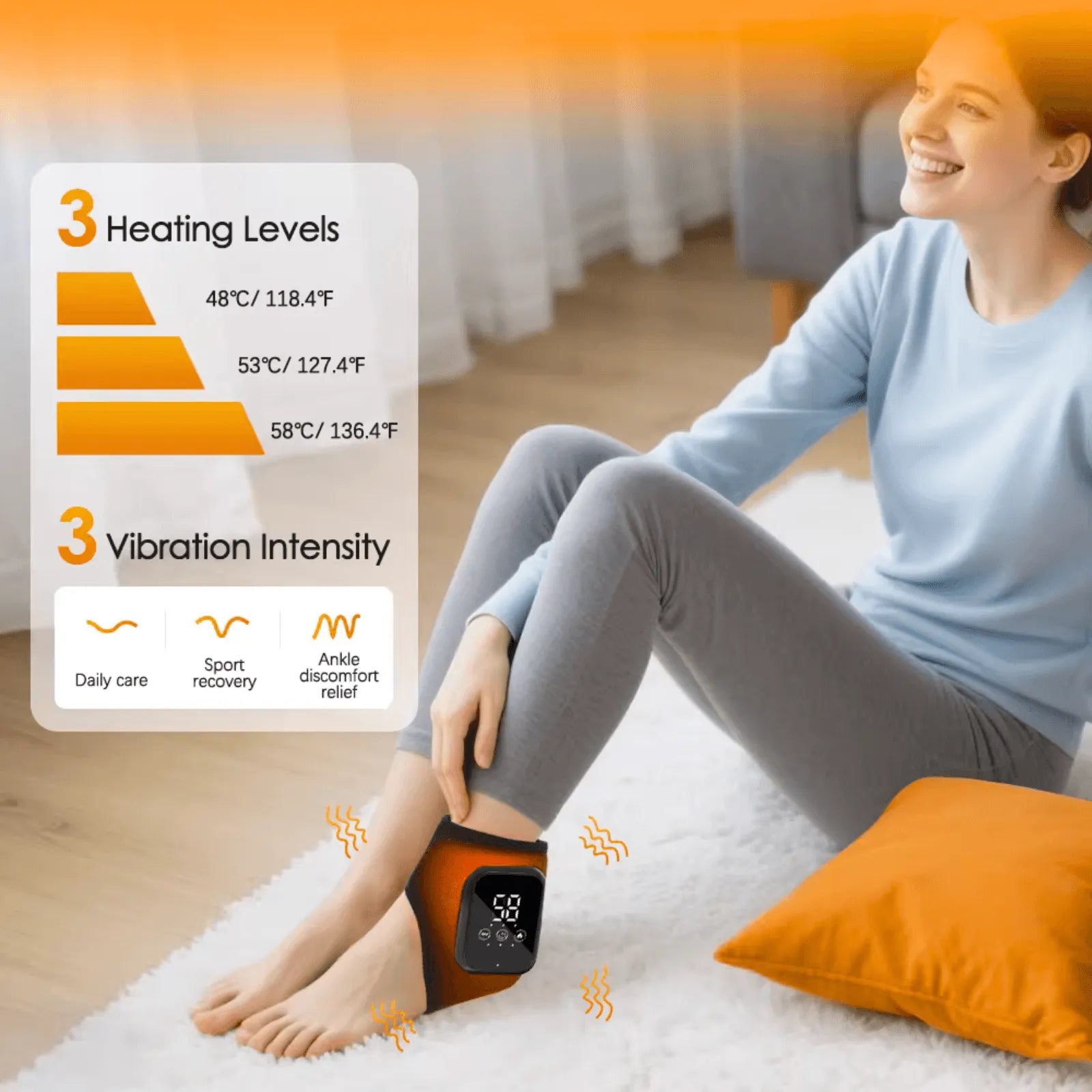Woman using Best Ankle Massager with Heat Therapy for Pain Relief |  with heating level and vibration intensity indicators.