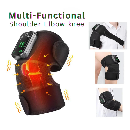 Luliqua ShoulderRelief multi-functional for shoulder, elbow, and knee - black heated massager with LED display showing 69°C and orange infrared heat visualization, versatile use on shoulder joint, knee joint, and elbow with adjustable straps for comprehensive pain relief