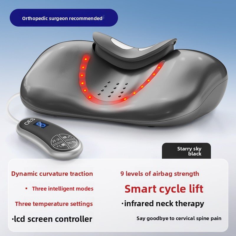 Luliqua CervicalRelief orthopedic surgeon recommended starry sky black - dark gray metallic ergonomic foot-shaped cervical traction device with curved neck cradle, bright red LED heat therapy lights in U-shaped pattern with ventilation holes, silver oval LCD screen remote controller with OES logo and blue digital display showing mode icons, dynamic curvature traction with three intelligent modes, three temperature settings, 9 levels of airbag strength, smart cycle lift, infrared neck therapy to say goodbye 