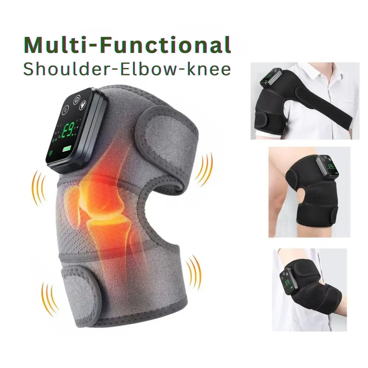 Luliqua KneeRelief multi-functional for shoulder, elbow, and knee - gray heated knee massager with LED display showing 69°C, orange infrared heat visualization on knee joint, breathable honeycomb mesh fabric with adjustable velcro straps, versatile use on shoulder, knee, and elbow