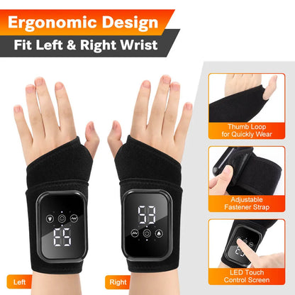 Black wrist wraps with digital displays on left and right wrists, showing ergonomic design features  | Best Wrist Massager for Pain Relief & Carpal Tunnel | Rechargeable & Portable