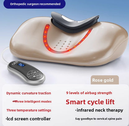 Luliqua CervicalRelief orthopedic surgeon recommended rose gold- dark gray metallic ergonomic foot-shaped cervical traction device with curved neck cradle, bright red LED heat therapy lights in U-shaped pattern with ventilation holes, silver oval LCD screen remote controller with OES logo and blue digital display showing mode icons, dynamic curvature traction with three intelligent modes, three temperature settings, 9 levels of airbag strength, smart cycle lift, infrared neck therapy to say goodbye 