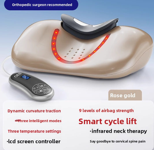 Luliqua CervicalRelief orthopedic surgeon recommended rose gold- dark gray metallic ergonomic foot-shaped cervical traction device with curved neck cradle, bright red LED heat therapy lights in U-shaped pattern with ventilation holes, silver oval LCD screen remote controller with OES logo and blue digital display showing mode icons, dynamic curvature traction with three intelligent modes, three temperature settings, 9 levels of airbag strength, smart cycle lift, infrared neck therapy to say goodbye 
