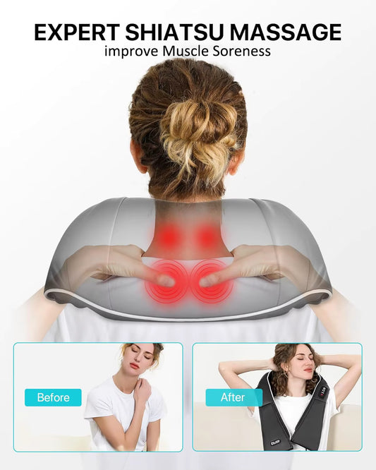 Luliqua ShoulderRelief shiatsu massage for muscle soreness - back view showing four red massage zones with heat therapy, before image shows woman with neck pain, after image shows relaxed woman, professional shiatsu technique improves muscle soreness and tension
