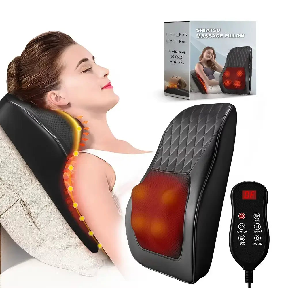 Luliqua ShoulderRelief shiatsu massage pillow complete package - black ergonomic U-shaped neck and shoulder massager with kneading nodes, silver oval digital LCD remote controller with multiple function buttons, original retail packaging box displaying product image and features, all items arranged on clean white background, professional product photography showing what's included: massage pillow, wireless remote, user manual, power adapter, premium quality shiatsu therapy system for home use