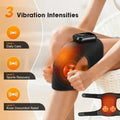 Luliquan KneeRelief vibration massage knee wrap - three adjustable intensity levels, Level 1 daily care gentle vibration, Level 2 sports recovery moderate massage, Level 3 knee discomfort relief intense therapy, orange concentric wave visualization shows penetration depth, dual massage nodes, customizable vibration strength for personalized treatment