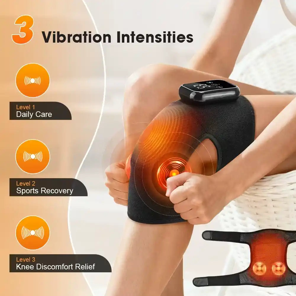Luliquan KneeRelief vibration massage knee wrap - three adjustable intensity levels, Level 1 daily care gentle vibration, Level 2 sports recovery moderate massage, Level 3 knee discomfort relief intense therapy, orange concentric wave visualization shows penetration depth, dual massage nodes, customizable vibration strength for personalized treatment
