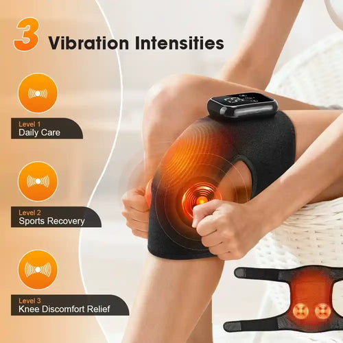 Luliquan KneeRelief vibration massage knee wrap - three adjustable intensity levels, Level 1 daily care gentle vibration, Level 2 sports recovery moderate massage, Level 3 knee discomfort relief intense therapy, orange concentric wave visualization shows penetration depth, dual massage nodes, customizable vibration strength for personalized treatment