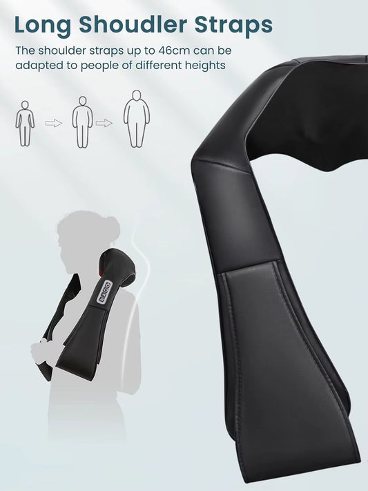 Luliqua ShoulderRelief black shoulder massager with long adjustable straps - U-shaped black neck and shoulder massager on light gray background, extended black leather shoulder straps with adjustable buckle system visible, ergonomic hand-shaped design with finger-like projections, silver control panel on top, brown leather chest strap, professional product photography showcasing full device and strap length, demonstrates 46cm adjustable range for universal fit across different body types and heights
