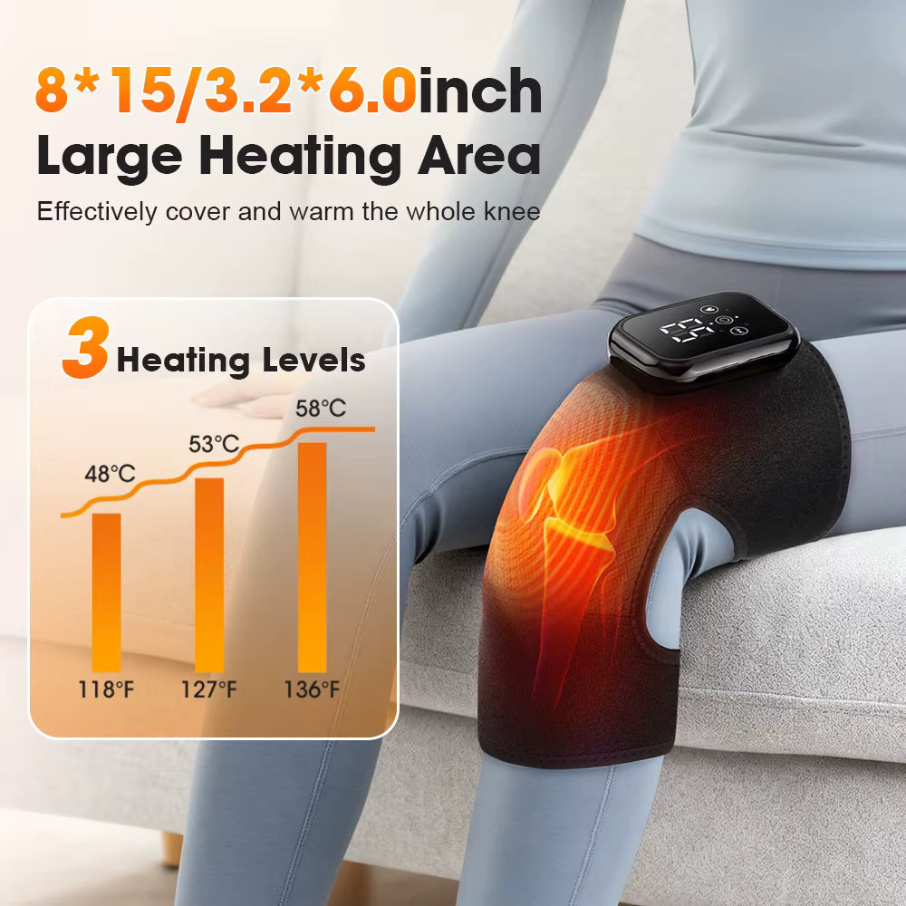 Luliqua large heating area knee pad 8x15 inch - woman demonstrating comprehensive knee coverage with infrared heat visualization, three adjustable heating levels 48°C 53°C 58°C (118°F 127°F 136°F), digital temperature control, effectively covers and warms entire knee joint, customizable therapeutic heat therapy
