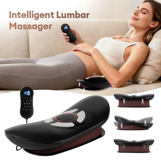Luliqua TractionRelief versatile lumbar massage device - demonstrates bilateral lift motion, alternating up-down swing, infrared heat therapy, 5 adjustable intensity levels via slider control, three airbag inflation heights at 10%, 30%, 80% for customizable compression, multiple functions combine for comprehensive lumbar decompression and massage treatment
